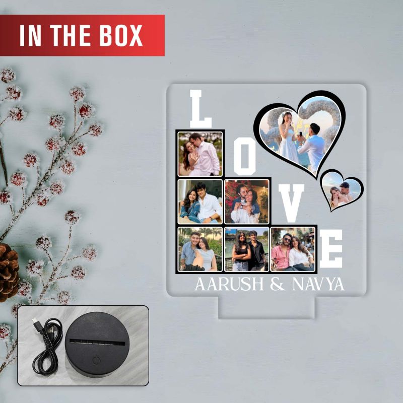 Personalized 3D LED Love Photo Lamp Customized Acrylic Night Light with 8 Photos & Names Anniversary, Wedding, or Valentine’s Day Gift for Couples Warm White Light Tabletop Room Decor